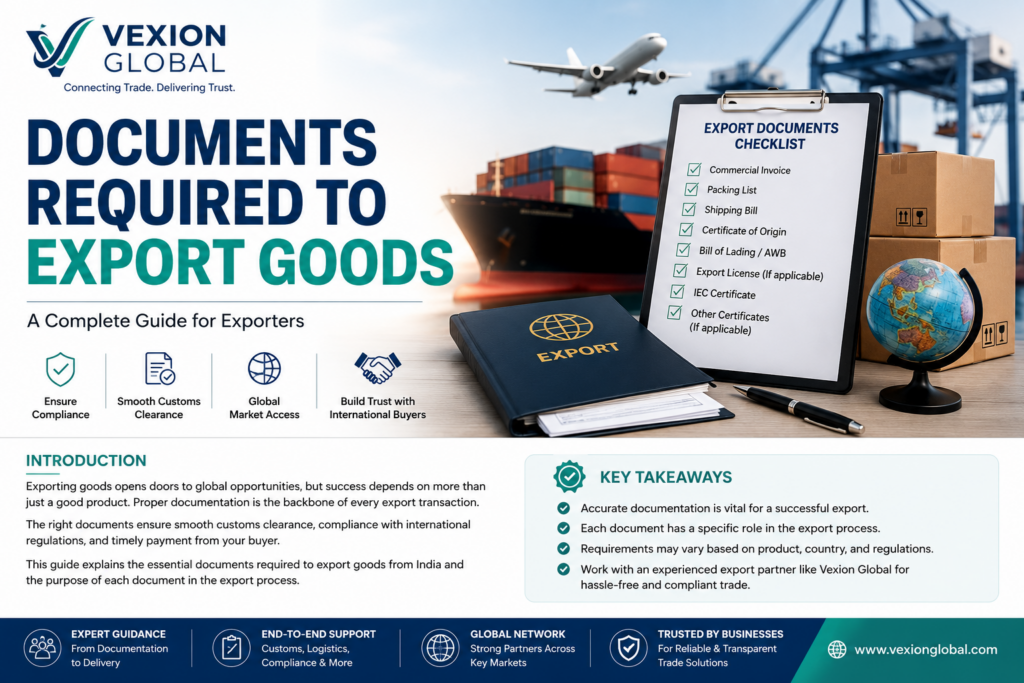 Featured image illustrating the essential documents required to export goods, including Commercial Invoice, Packing List, Shipping Bill, Bill of Lading, Certificate of Origin, IEC, and export documentation checklist with cargo ship, containers, and global logistics by Vexion Global.