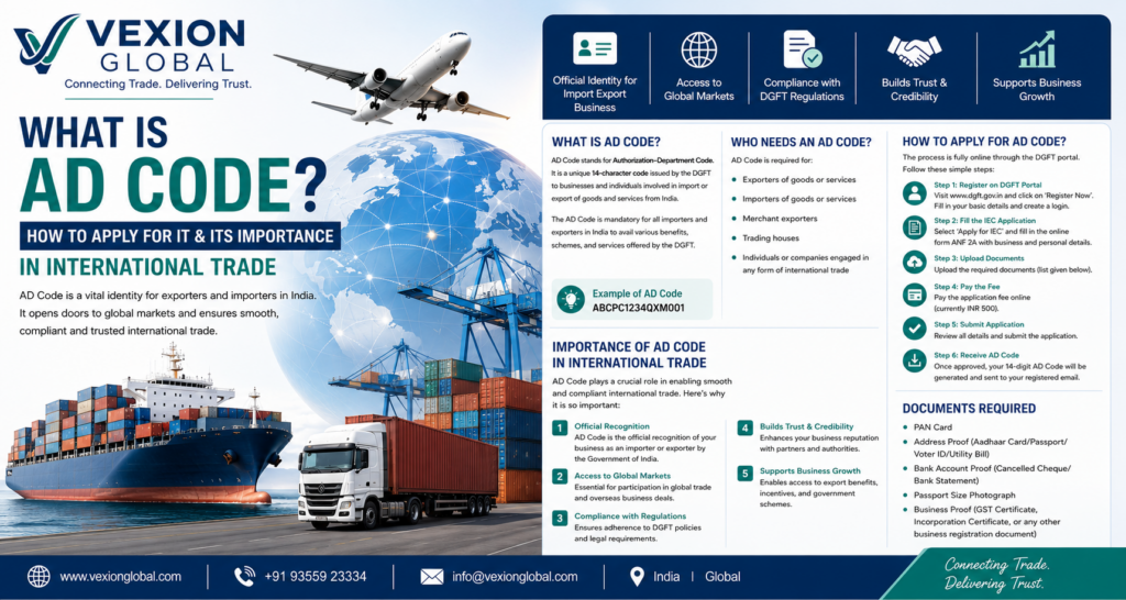 Infographic explaining what an AD Code is, the application process, required documents, and its importance in international trade by Vexion Global.