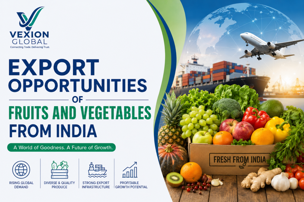 Export Opportunities of Fruits and Vegetables from India featuring fresh produce, cargo ship, airplane, and Vexion Global branding.